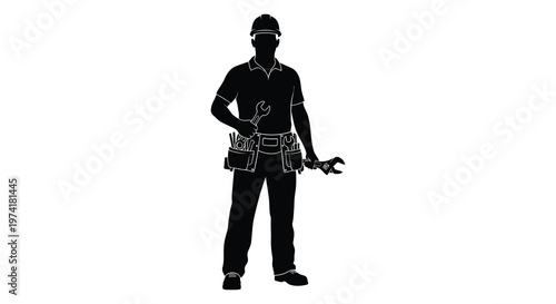 A construction worker holding tools depicted in a striking black silhouette