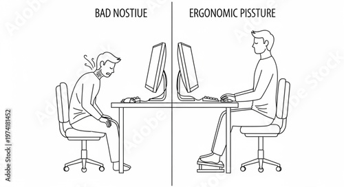 Ergonomic vs Bad Posture at Computer Illustration.