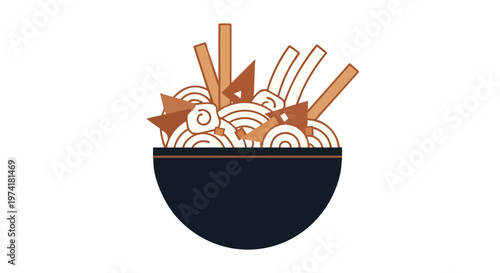 A cartoon bowl of noodle soup is illustrated on a white background. Noodles, egg rolls, and other food items are arranged inside
