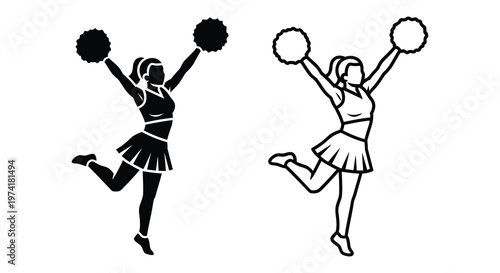 Cheerleaders in action dynamically posing with pom poms black and white silhouette