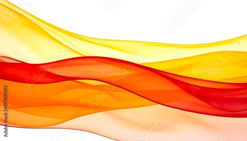 Flowing, translucent, colorful fabric elements. A vibrant blend of red, orange, and yellow hues dance against a white backdrop