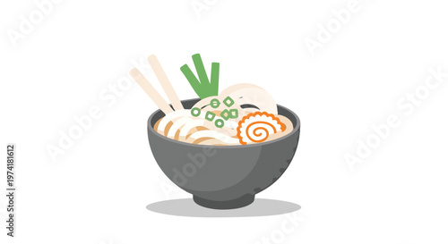 Illustration of ramen in a gray bowl. Chopsticks and green onions rest above noodles and toppings. A decorative orange swirled item is also present