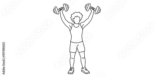 A simple black and white line drawing of a person standing and lifting dumbbells over their head