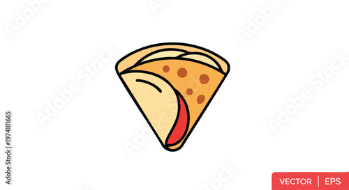 A colorful, cartoonish illustration features a triangular, folded, pastry-like food item with internal red filling. It's set against a blank white backdrop