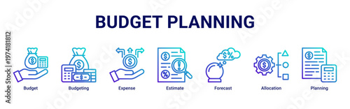 Budget Planning web banner icon vector illustration with icons of Budget,Budgeting,Expense,Estimate,Forecast,Allocation and Planning