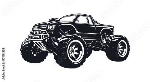 Detailed black silhouette of a powerful monster truck with large tires
