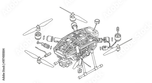 Exploded view technical drawing of a quadcopter drone showing its internal components and assembly.
