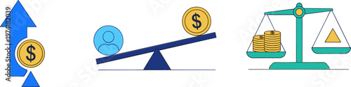 Financial Growth and Balance Icon Set with Dollar Coins, Scales, and Leverage for Economics, Business, and Investment Designs