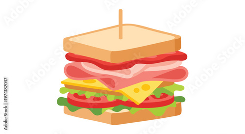 A layered sandwich illustration featuring bread slices, ham, cheese, tomatoes, and lettuce. A toothpick pierces the top bread