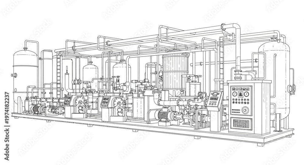 Fototapeta premium Detailed technical drawing of a complex industrial processing plant with interconnected pipes, tanks, and machinery.