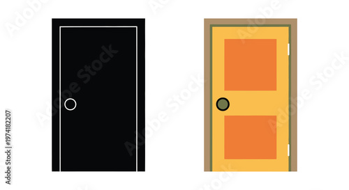 Two doors one dark and one bright contrasted in a simple style silhouette