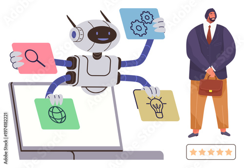Artificial intelligence, business automation, professional growth, technology innovation, task management, productivity. Robot emerging from laptop with icons ideas and tasks. AI and business