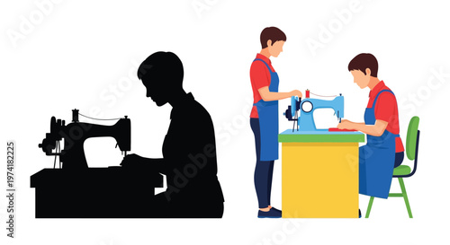 Tailor working at a sewing machine with a contrasting black silhouette