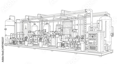 Detailed technical drawing of a complex industrial processing plant with interconnected pipes, tanks, and machinery.