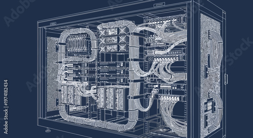 Wireframe blueprint rendering of an intricate electronic server rack with numerous cables and circuit boards.
