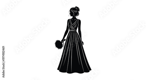 Elegant woman in a flowing gown holding flowers black silhouette