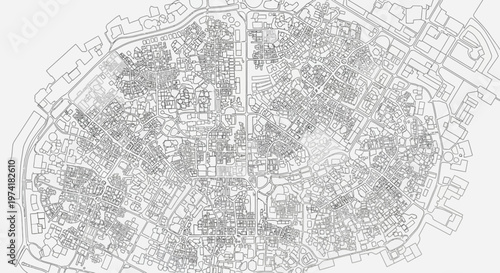 Detailed line drawing of an intricate urban city map showing streets and building blocks in a geometric pattern.