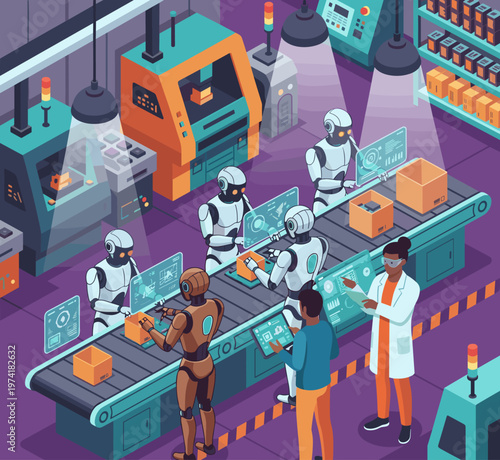 Concept flat vector illustration of manufacturing and AI robots.