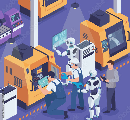 Concept flat vector illustration of manufacturing and AI robots.