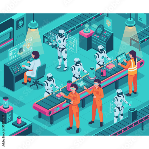Concept flat vector illustration of manufacturing and AI robots.