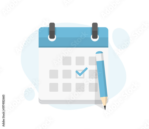 Blue calendar icon with pencil and checkmark, schedule, planning concept