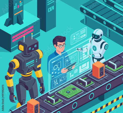 Concept flat vector illustration of manufacturing and AI robots.