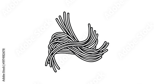 A black and white illustration of intertwined, curved lines. These lines, clustered and radiating outwards from the center, overlap each other