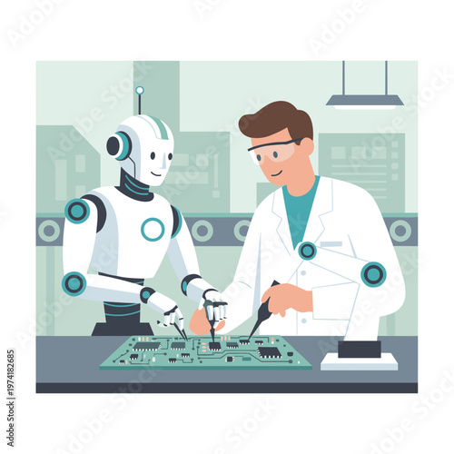 Concept flat vector illustration of manufacturing and AI robots.