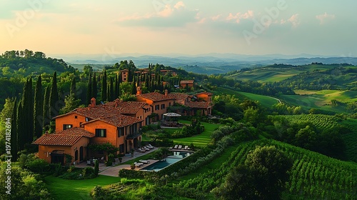 Italian countryside estate landscape with buildings and vineyards