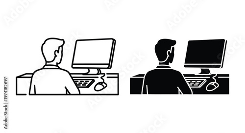 Man working at a computer desk shown in outline and silhouette