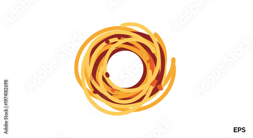 A vibrant, abstract illustration features concentric curves in shades of yellow, orange, and maroon, creating a circular design