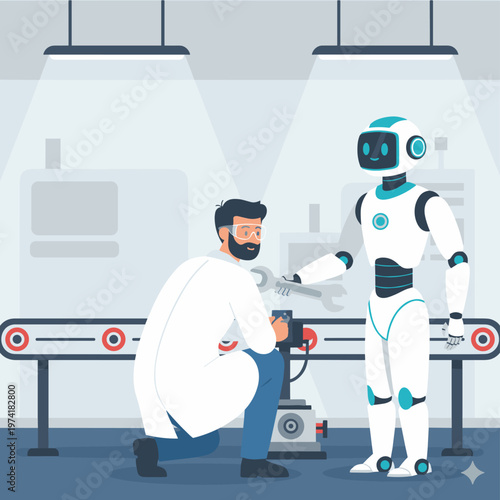 Concept flat vector illustration of manufacturing and AI robots.