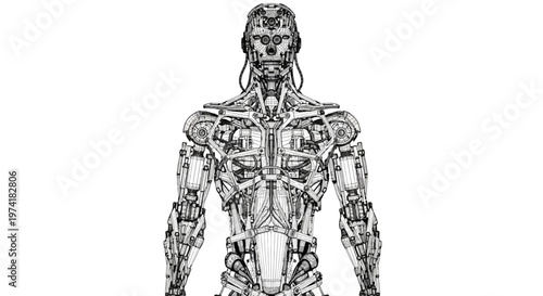 Detailed black and white line art illustration of a humanoid robot's intricate mechanical back structure, showcasing advanced cybernetic design.