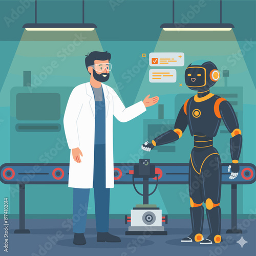 Concept flat vector illustration of manufacturing and AI robots.