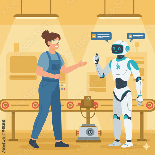 Concept flat vector illustration of manufacturing and AI robots.