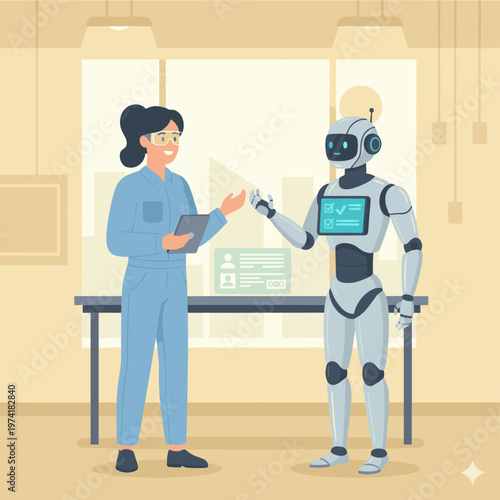 Concept flat vector illustration of manufacturing and AI robots.