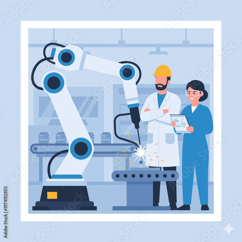 Concept flat vector illustration of manufacturing and AI robots.