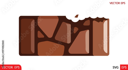 A flat illustration of a rectangular treat in shades of brown, with a section bitten out, displaying a layered design