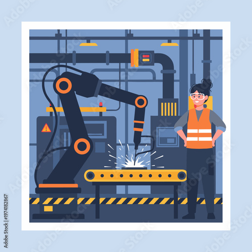 Concept flat vector illustration of manufacturing and AI robots.