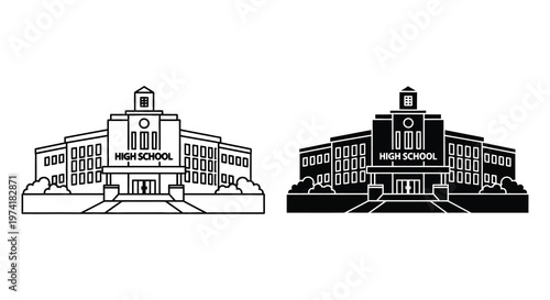 Two identical high school building designs shown as a bold silhouette