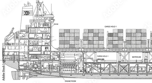 Detailed cross-section diagram of a large container ship showing internal structure and cargo holds.