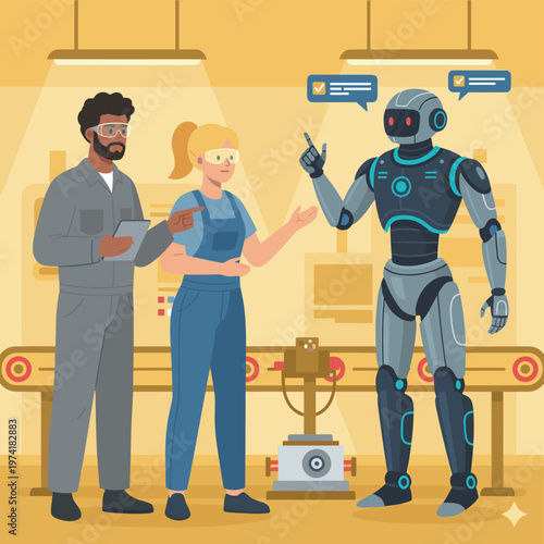Concept flat vector illustration of manufacturing and AI robots.