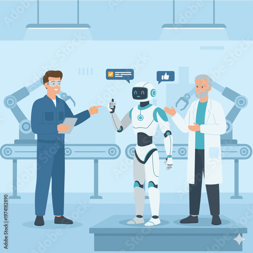 Concept flat vector illustration of manufacturing and AI robots.
