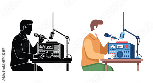 Broadcasting setup a color illustration and its corresponding silhouette high quality