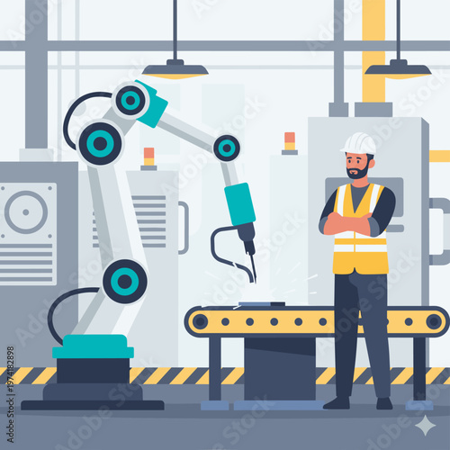 Concept flat vector illustration of manufacturing and AI robots.
