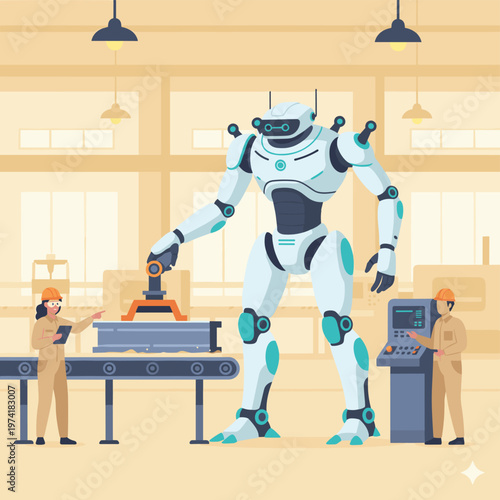 Concept flat vector illustration of manufacturing and AI robots.