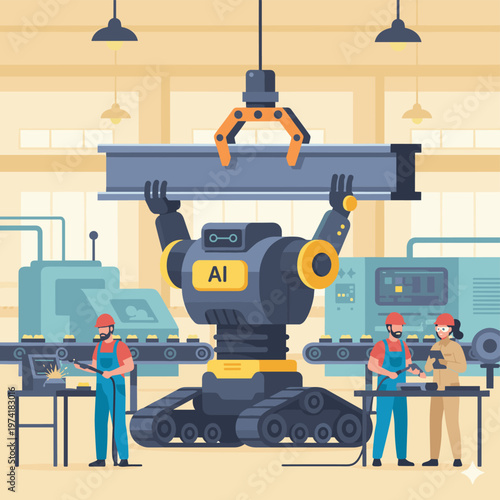 Concept flat vector illustration of manufacturing and AI robots.