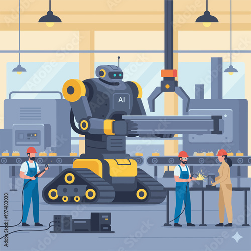 Concept flat vector illustration of manufacturing and AI robots.