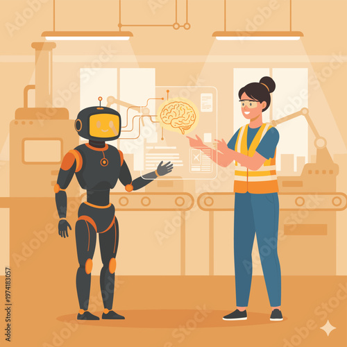 Concept flat vector illustration of manufacturing and AI robots.