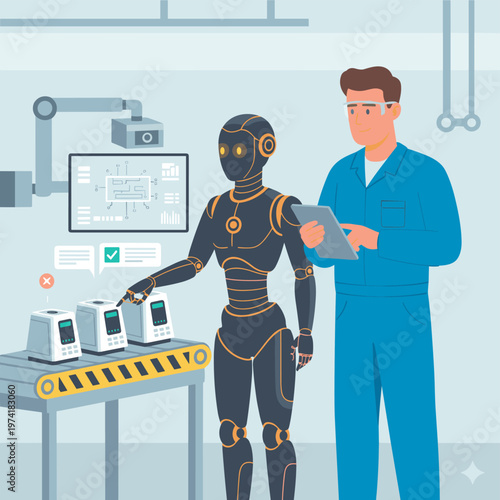 Concept flat vector illustration of manufacturing and AI robots.